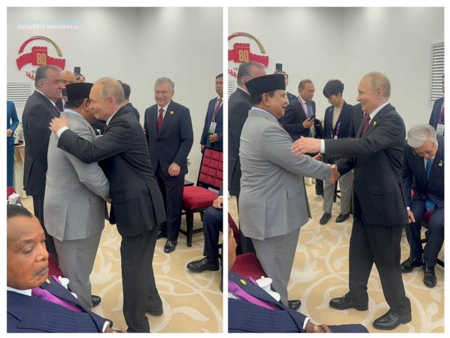 Foto Prabowo dan Vladimir Putin Salaman dan Pelukan di Beijing